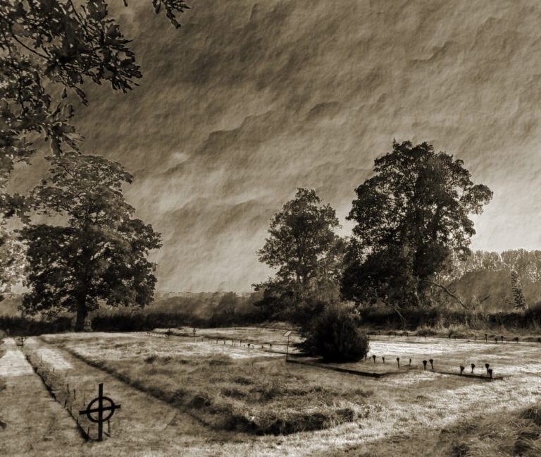 A sepia meadow landscape under an overcast sky with a circled-cross grave marker in the foreground