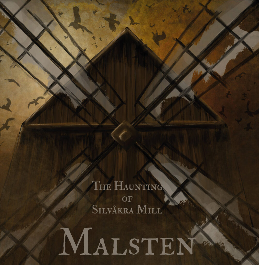 The Haunting of Silvåkra Mill album cover — a windmill seen from below with crossing sails as crows scatter across an ochre sky
